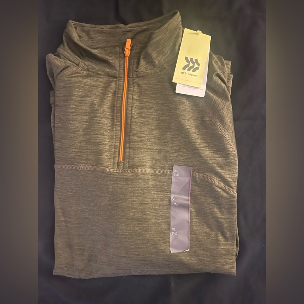 Boys Half Zipper Pullover.  Army green. All in motion.  XL (16) NEW with tags